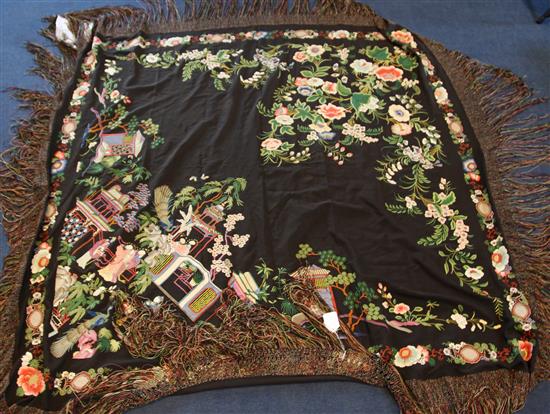 A Chinese black silk shawl, 20th century, 160 x 160cm plus fringes